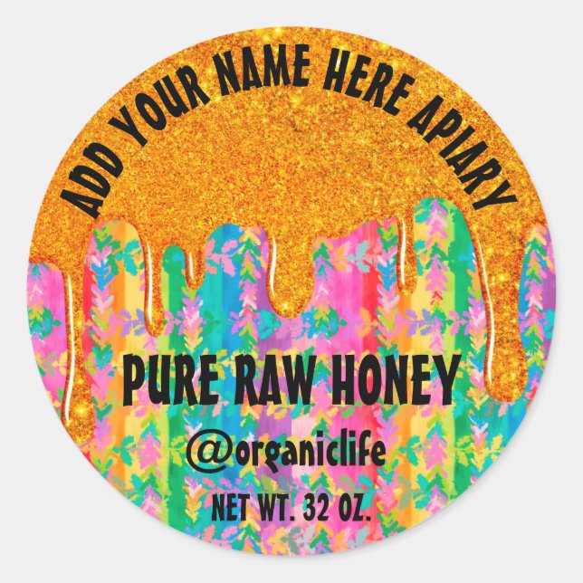 Pegatina Redonda Honey Jar Honeybee Honeycomb Gold Driss Rainbow (Anverso)