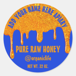 Pegatina Redonda Honey Jar Honeybee Organic Gold Drips Blue
