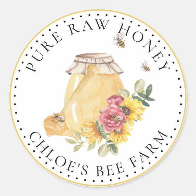 Pegatina Redonda Honey Jar Labels Honey Bees Flowers (Anverso)