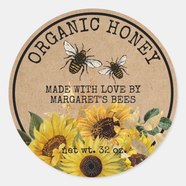 Pegatina Redonda Honey Jar Labels Honeybee Honeycomb Bee Apiary (Anverso)