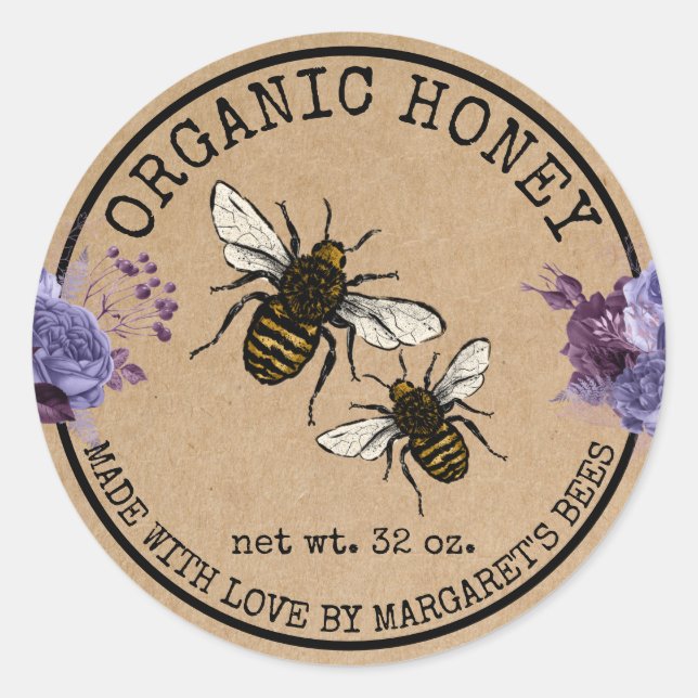 Pegatina Redonda Honey Jar Labels Honeybee Honeycomb Bee Apiary (Anverso)