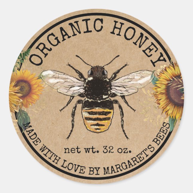 Pegatina Redonda Honey Jar Labels Honeybee Honeycomb Bee Apiary (Anverso)