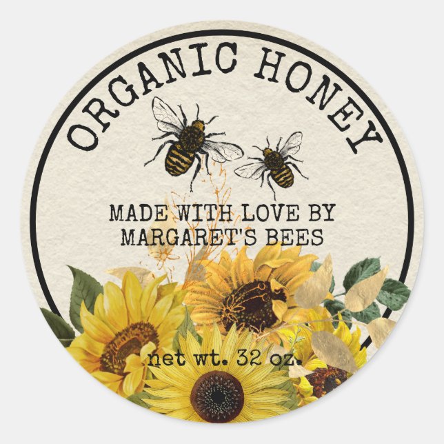 Pegatina Redonda Honey Jar Labels Honeybee Honeycomb Bee Apiary (Anverso)