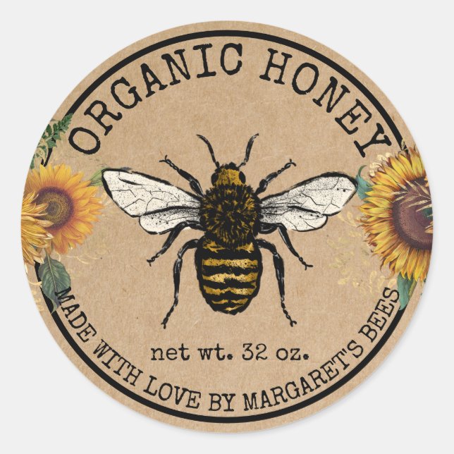 Pegatina Redonda Honey Jar Labels Honeybee Honeycomb Bee Apiary (Anverso)