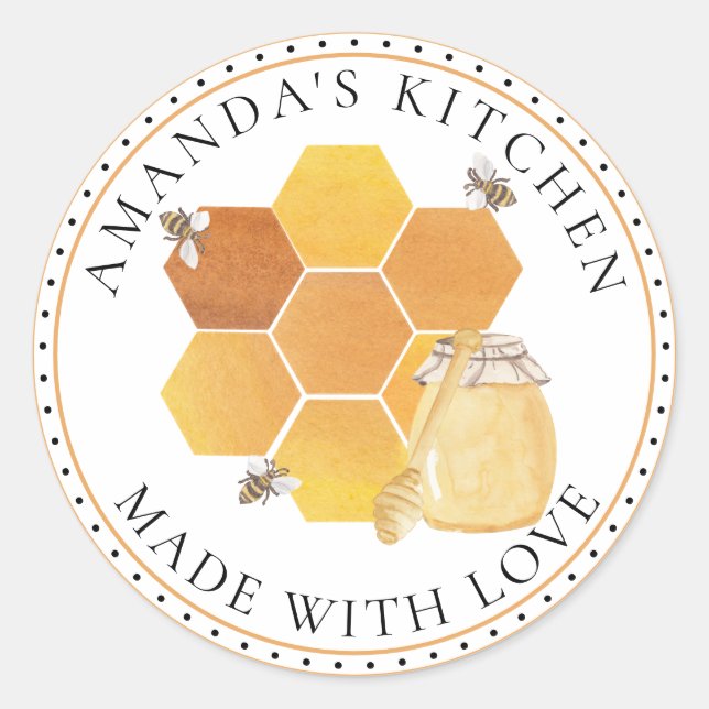 Pegatina Redonda Honey Jar Labels Honeybes Honeycomb Beis (Anverso)