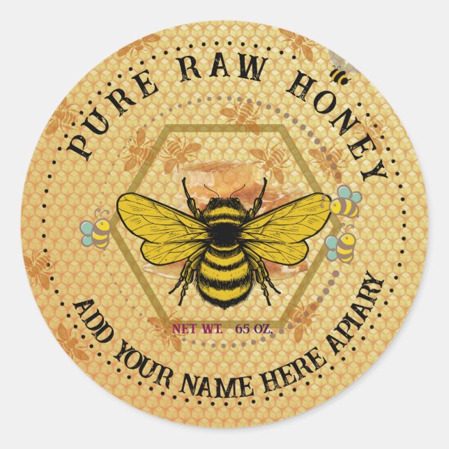 Pegatina Redonda Honey Jar Stickers | Bee & Honeycomb Apiary Labels (Anverso)