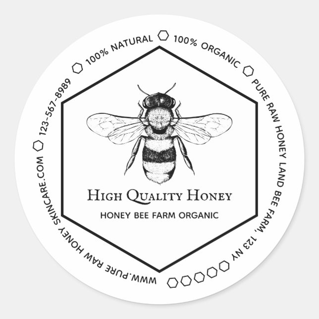 Pegatina Redonda Honeycomb Bee | Skincare & Apiary Branding (Anverso)