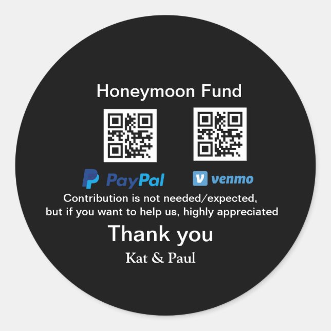 Pegatina Redonda Honeymoon Fund PayPal Venmo código QR gracias (Anverso)