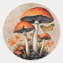 Pegatina Redonda Hongos del bosque otoñal naranja