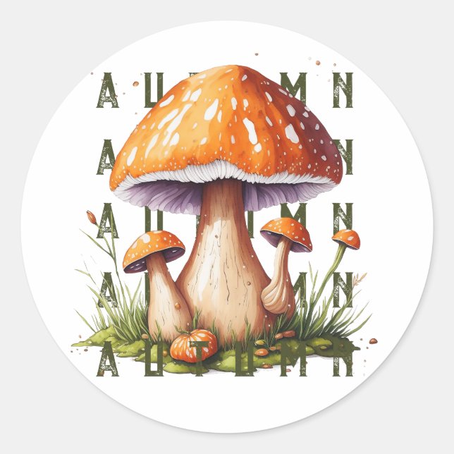 Pegatina Redonda Hongos en el bosque otoñal (Anverso)