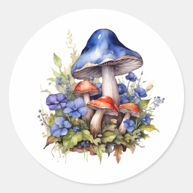 Pegatina Redonda Hongos y flores azules del bosque acuático (Anverso)