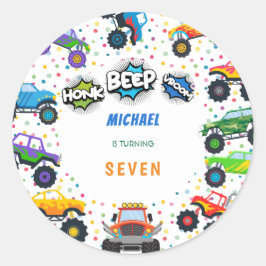 Pegatina Redonda Honk beep vroom camiones monstruo cumpleaños