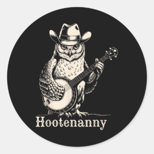 Pegatina Redonda Hootenanny Owl Jugando Banjo Guitarra Gorra Vin