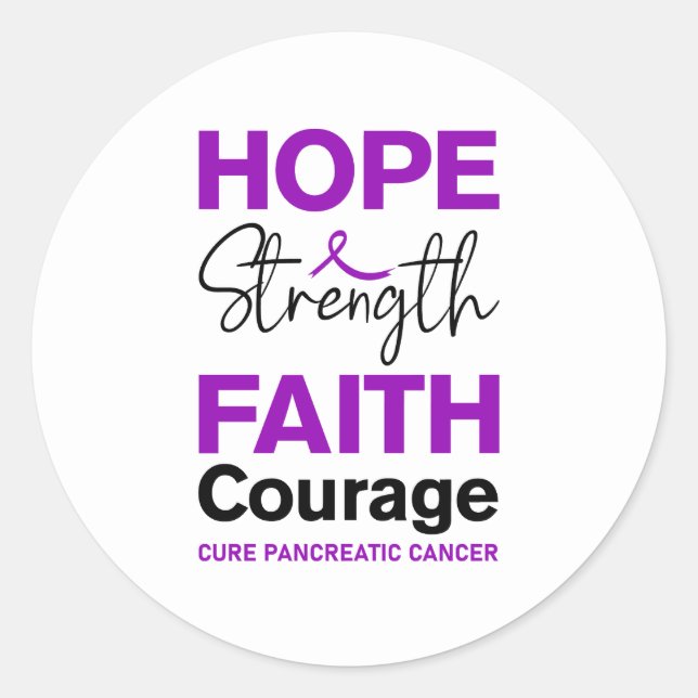 Pegatina Redonda Hope Strength Faith Cure Purple Pancreatic Cancer (Anverso)