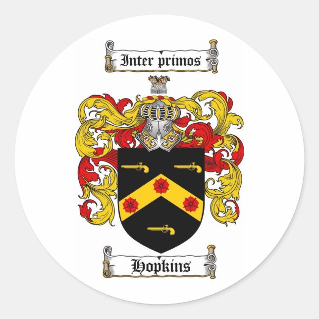 PEGATINA REDONDA HOPKINS FAMILY CREST - HOPKINS COAT OF ARMS (Anverso)