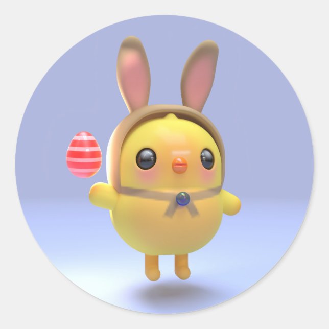 Pegatina Redonda Hoppy Chickling- Easter chicklet with bunny hat (Anverso)