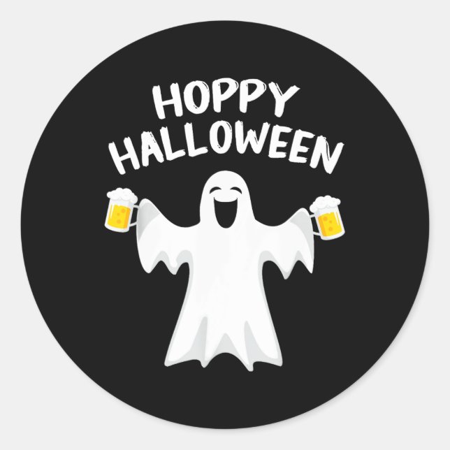 Pegatina Redonda Hoppy Halloween Funny Halloween Cute Ghost Beer Dr (Anverso)