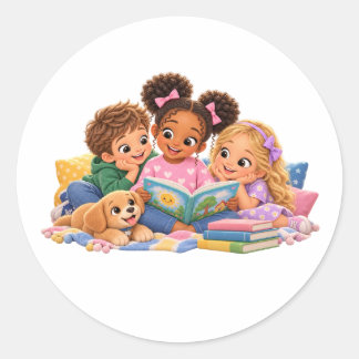 Pegatina Redonda Hora de historia de niños leyendo juntos