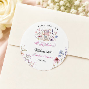 Pegatina Redonda Hora del té Taza de té elegante Púrpura Acuarela