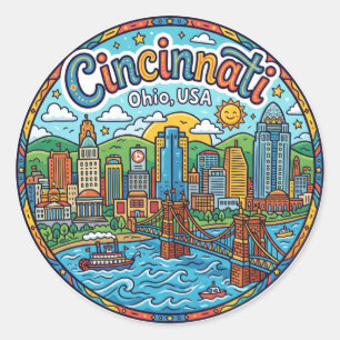 Pegatina Redonda Horizonte de Cincinnati, Ohio, EE. UU. Ohio