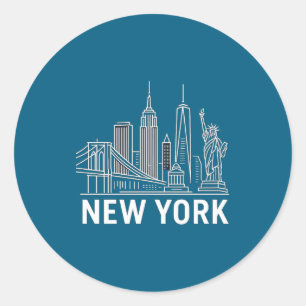 Pegatina Redonda Horizonte de Nueva York con estatua de la libertad