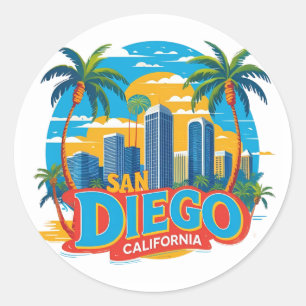 Pegatina Redonda Horizonte de San Diego California–Arte de paisaje 