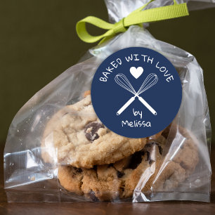Pegatina Redonda Horneado Con Amor Cocina Whisk Azul Y Blanco