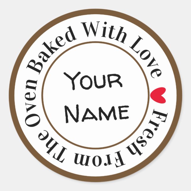 Pegatina Redonda Horneado con amor fresco del horno en Choco Negro (Anverso)