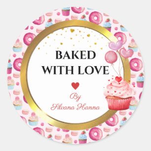 Pegatina Redonda Horneado con Amor - Lindos Cupcakes y Donas