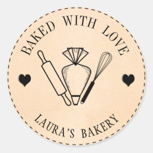 Pegatina Redonda Horneado con amor Pastel Rolling Pin Whisk Piping