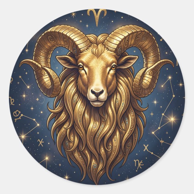 Pegatina Redonda Horoscope Sign Aries Golden Ram and Stars (Anverso)