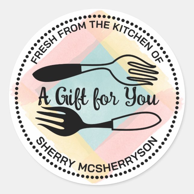 Pegatina Redonda Horquilla acuarela de la cocina de personalización (Anverso)