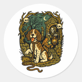 Pegatina Redonda Horror Spooky Skeleton Dog Aesthetic