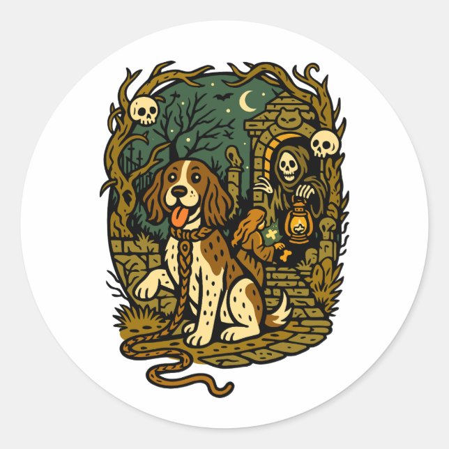 Pegatina Redonda Horror Spooky Skeleton Dog Aesthetic (Anverso)