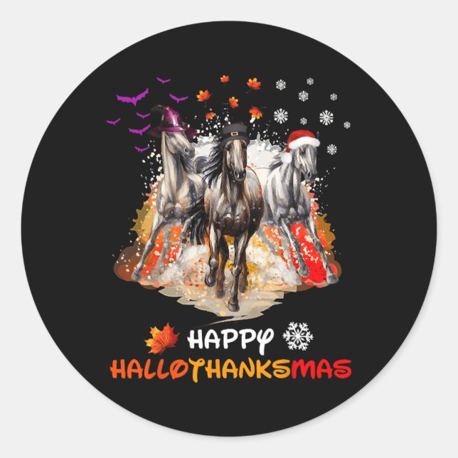 Pegatina Redonda Horse Halloween And Merry Christmas Happy Hallotha (Anverso)