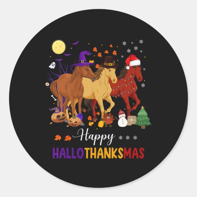 Pegatina Redonda Horse Halloween Thanksgiving Christmas Happy Hallo (Anverso)