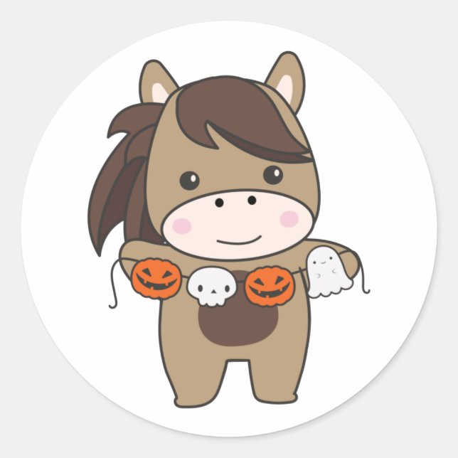 Pegatina Redonda Horse Happy Halloween Bat Costume Classic (Anverso)