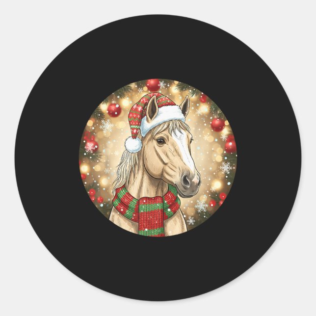 Pegatina Redonda Horse Santa Hat Christmas Lights Family Matching W (Anverso)