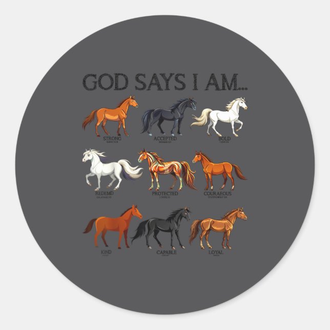 Pegatina Redonda Horses God Says I Am Cute Christian Girl Teen Bibl (Anverso)