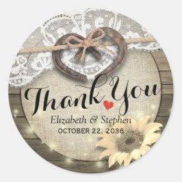 Pegatina Redonda Horseshoe Sunflower Wood Country Wedding Gracias