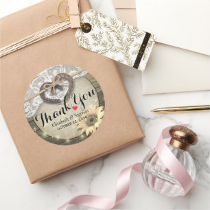 Pegatina Redonda Horseshoe Sunflower Wood Country Wedding Gracias