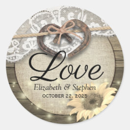 Pegatina Redonda Horseshoe Sunflower Wood Country Wedding Gracias