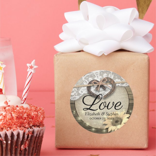 Pegatina Redonda Horseshoe Sunflower Wood Country Wedding Gracias (Fiesta)