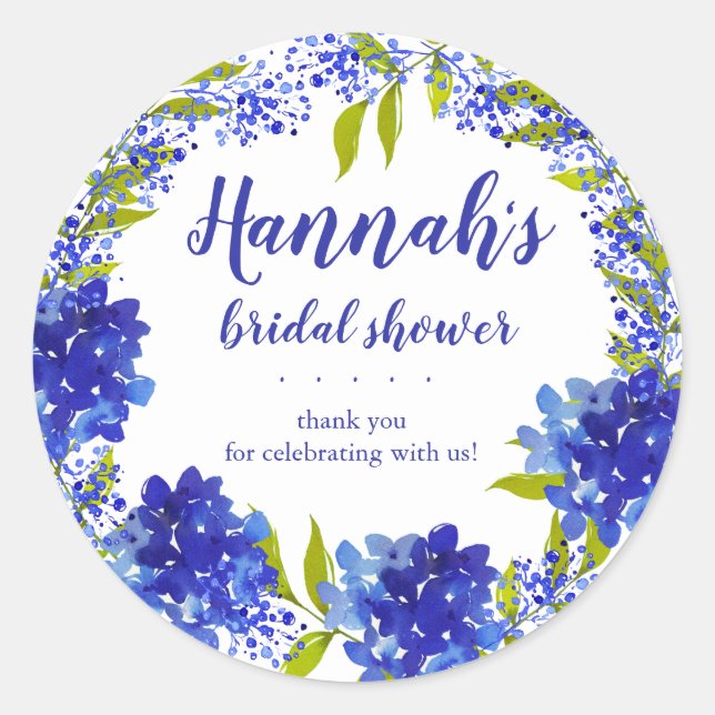 Pegatina Redonda Hortensia Azul Personalizada Agradecimiento Desped (Anverso)