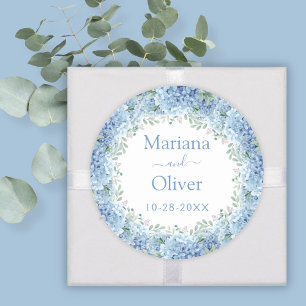 Pegatina Redonda Hortensias Azules Acuarela Floral Boda
