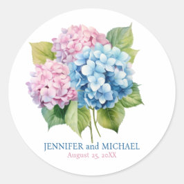 Pegatina Redonda Hortensias Pink y Polvorientas Azules para Boda Ci