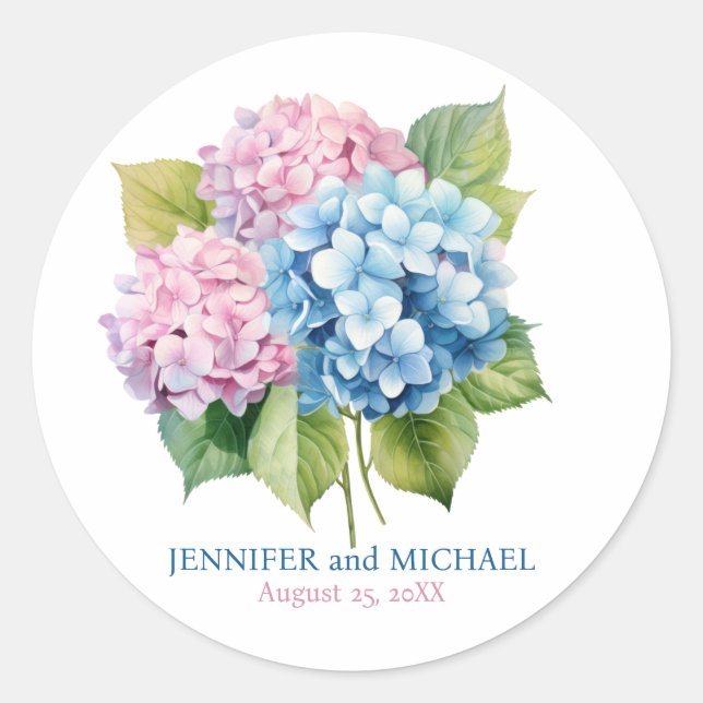 Pegatina Redonda Hortensias Pink y Polvorientas Azules para Boda Ci (Anverso)