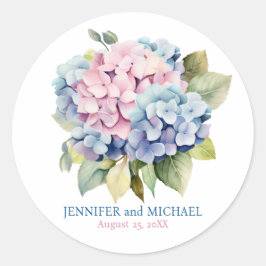 Pegatina Redonda Hortensias rosadas y azules polvorientas para boda