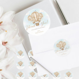 Pegatina Redonda Hot Air brown Globos banderas azules nubes gracias