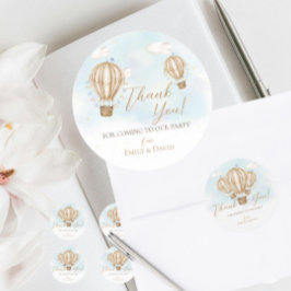 Pegatina Redonda Hot Air brown Globos banderas azules nubes gracias